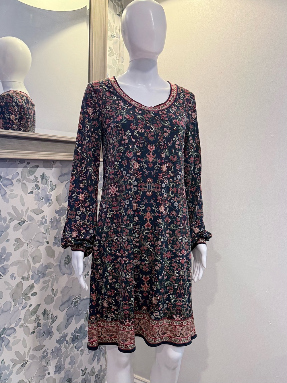 Max Studio Dark Green Floral Border-Print Long Sleeve Dress